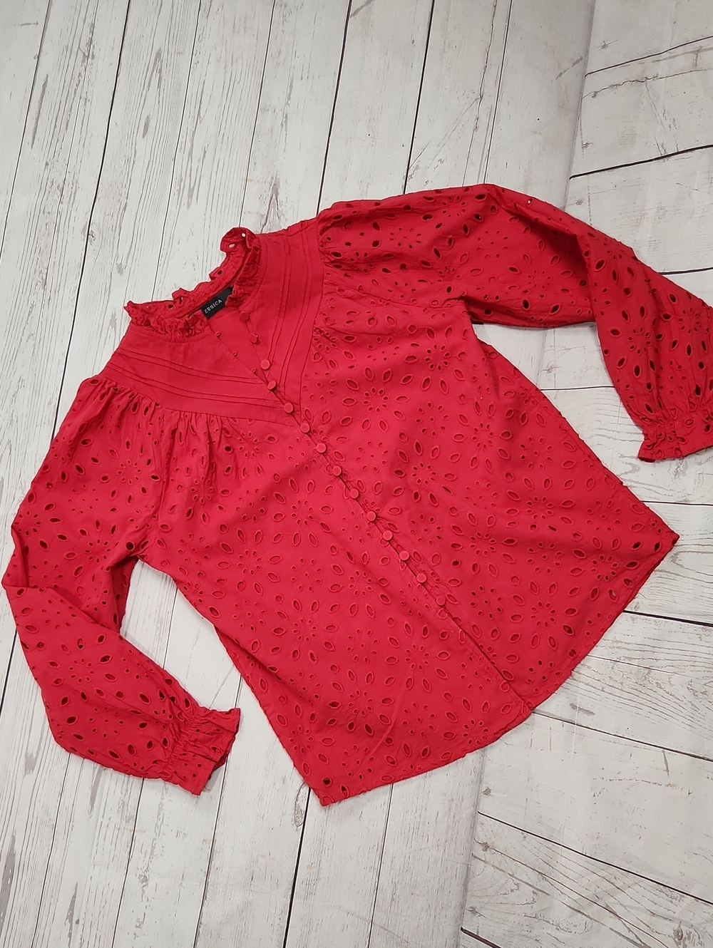 Red Eyelet Button-Front Blouse with Pintuck Yoke - Women's